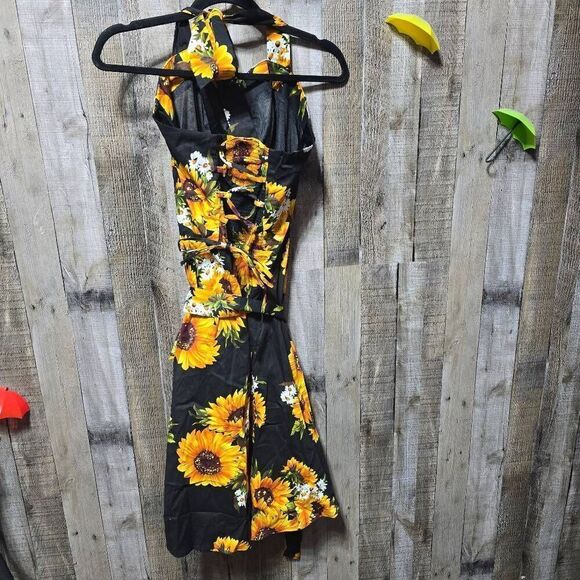 Topdress Women's Polka Audrey Dress Halter Retro Cocktail Dress Black Sunflower - Picture 3 of 4
